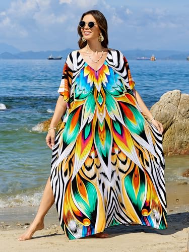 Image of sunforyou Kaftan Dresses for Women Plus Size Lightweight Swimsuit Cover up Batwing Sleeve Print Loungewear Beach Robe