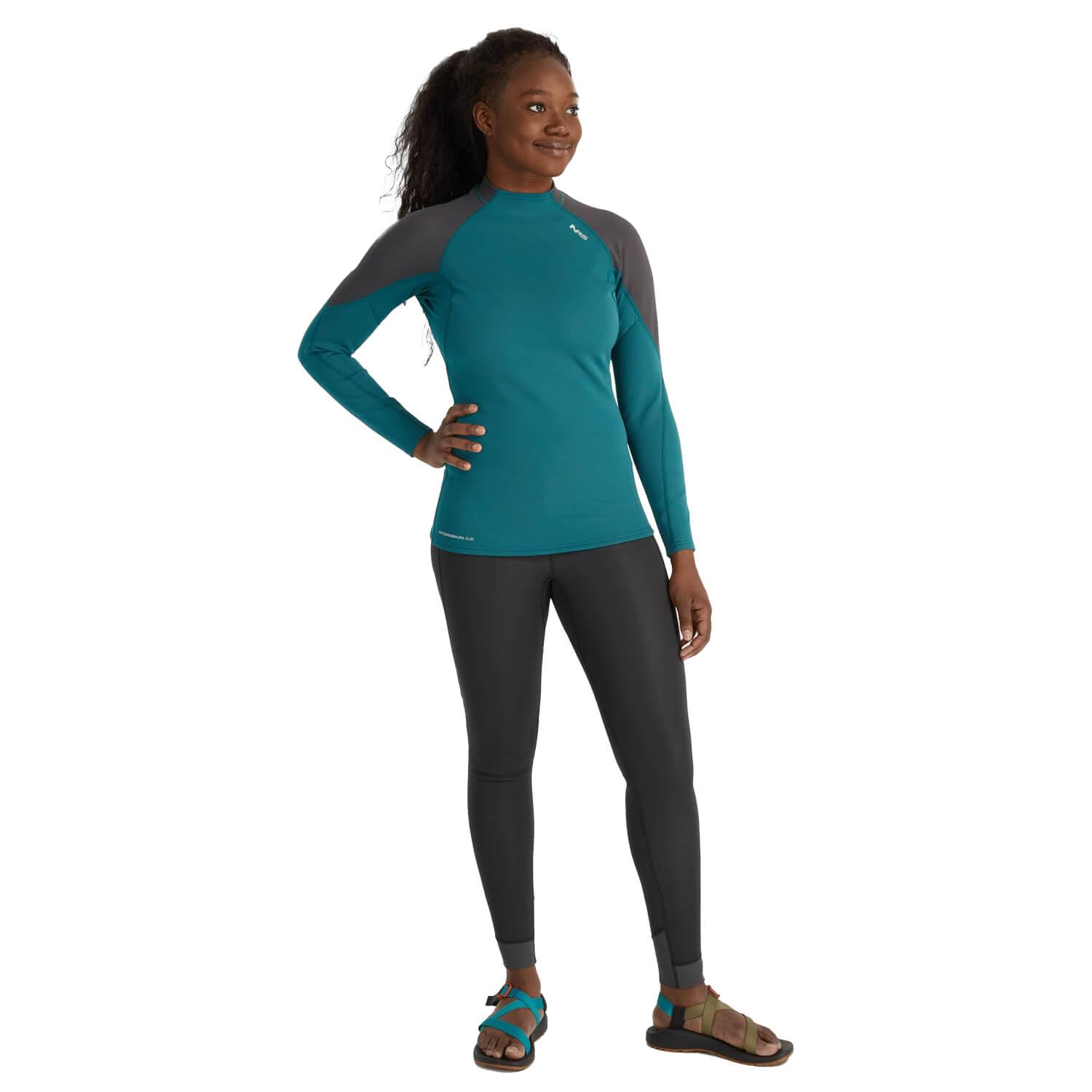 NRS Neopren Shirt Hydroskin 0.5 Langarm Harbor Damen, Neopren Longsleeve Türkis, Terraprene, Titanium-Wärmereflexion, Form-Fit, Rashguard-Panels, Wassersport, Kajak, SUP, Rafting