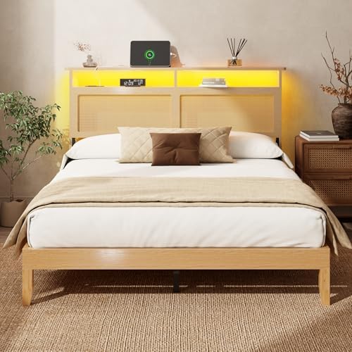 OURPIC Queen Bed Frame with Rattan Headboard, Wicker Bedframe wit...