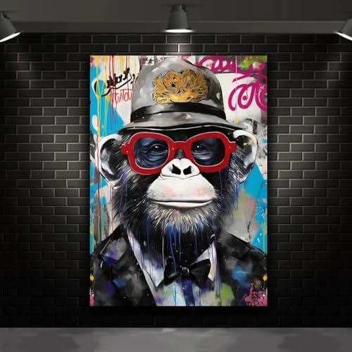 Tableau singe graffiti coloré en toile 60x80 cm avec cadre pour salon moderne
