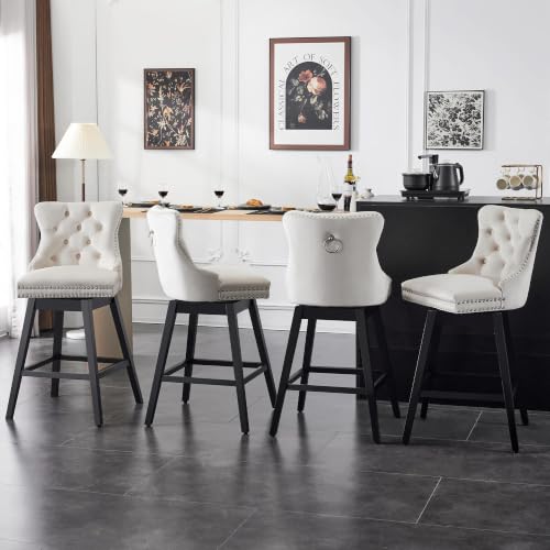 Image of Beige Swivel Bar Stools, Velvet Counter Height Bar Stools Set of 5
