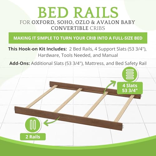 Image of Full-Size Conversion Kit Bed Rails for Oxford, Soho, Ozlo & Avalon Baby Convertible Cribs - Solid Wood - Toddler and Adult Rail for Full-Size Bed - Nursery & Baby Furniture (Amber Brown, Hook-On Kit)