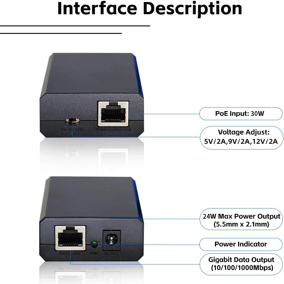 2-Pack, 24W 802.3at Gigabit PoE+ Splitter to 5V/9V//12V, (5.5mm x 2.1mm) or Micro USB Power Adapter for Raspberry Pi 2/3B+, Tablets, Security Cameras (with 6pcs Cables)
