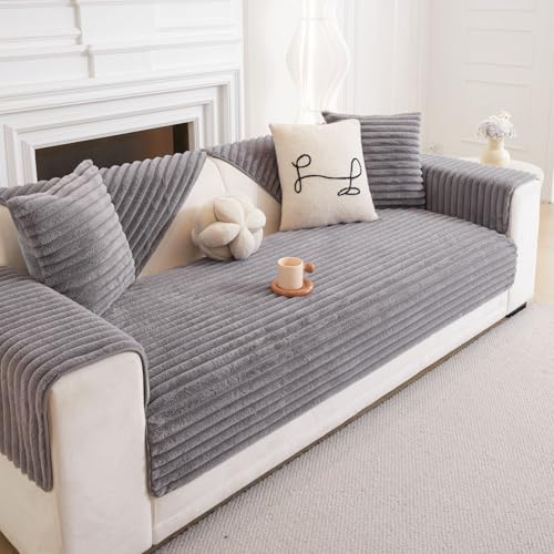 Image of HOMETHREADS 600GSM Thick & Soft Rabbit Fur Plush Sofa Cover-Luxurious Cozy Slipcover, Washable & Pet-Friendly, Anti-Scratch Protector for Sofas (Faux Linning Grey, 1Pc Backrest | 70x70cm)