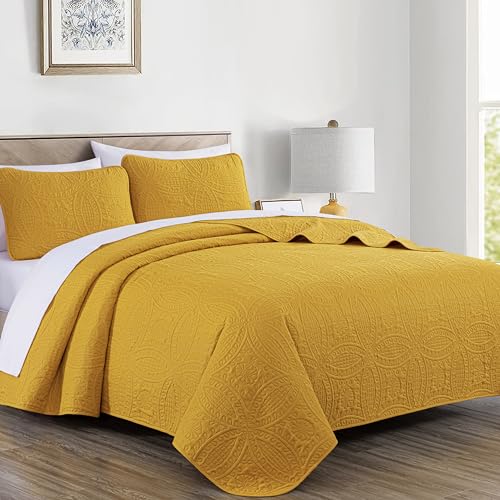 Image of Chezmoi Collection Austin King Bedspread Set 3-Piece Pinsonic Quilted Oversized Bedspread Coverlet Set, King, Mustard
