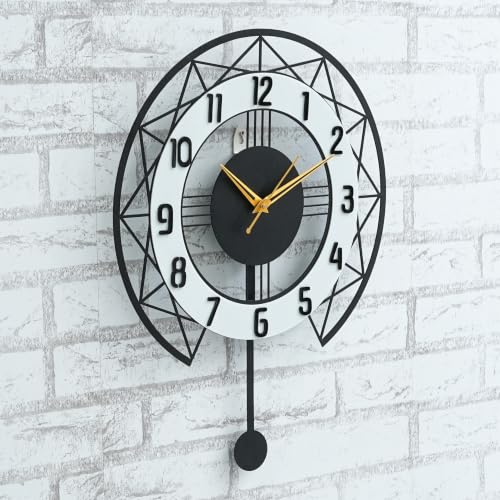 Image of Pendulum Wall Clock for Living Room Stylish | Metal Wall Watch for Office, Bedroom, Hall | Big Size Morden Wall Decor for Home (15 Inch Matt Black)