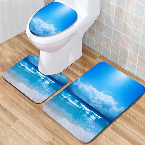 Badezimmerteppich Set 3 Teilig Ozeanhimmel Und Blau Badematten Set Mikrofaser Badteppiche und WC Vorleger mit Ausschnitt Waschbar rutschfeste Badvorleger Toilette Teppich – Bild 4