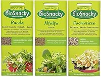 BioSnacky Sprossen Mix mit 3 Sorten, je 40g, von Rapunzel, mit den Sorten Rucola, Alfalfa, Buchweizen, frische Bio-Keimsprossen zum Selberkeimen für gesunde Salate, Sandwiches & Smoothies