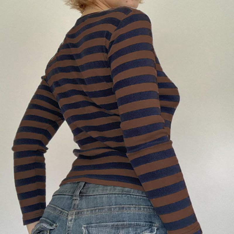 Image of Women Off Shoulder Striped Long Sleeve Top 2026 Fall Going Out Tee Shirts