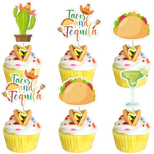 Decoración mexicana para cupcakes y palillos de tequila para mesas de dulces en fiestas temáticas