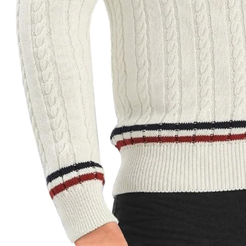 Men's Stripe V-Neck Long Sleeve Ribbed Knitted Slim Fit Pullovers Cable Knitted Cricket Jumper Top2
