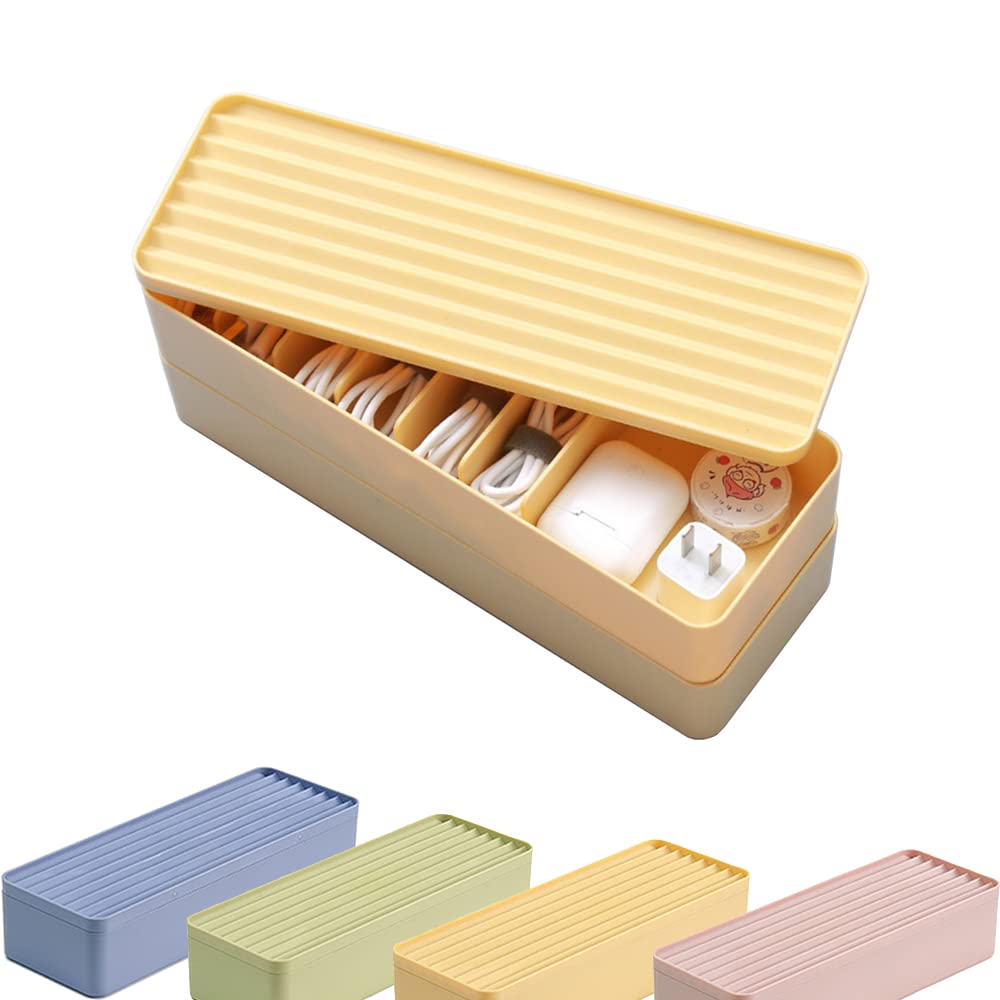 Starry G Solid Yellow Double Layer Cable Tidy Box With Lid, 7 Grids Cable Organizer Box, Large Wire Storage Box For Cables, Charger Plug, Power Strips, Solid Color Cable Management Box (Free 3M Cable Ties Roll)