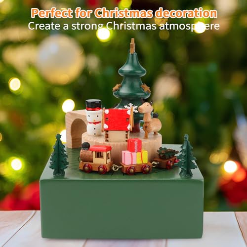 Wjiang Christmas Music Box, Vintage Music Box with Rotation Train, Xmas Music Box Wooden Musical Boxes with Snowman Elk Christmas Decoration, Cute Crafts Music Box Gift for Women, Girls, Kids, Adults - Thumbnail 4