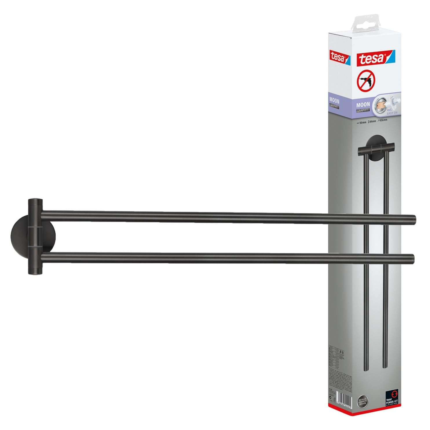 tesa® Moon Toallero Autoadhesivo de 2 Brazos - Doble Barra de Metal Revestido de PVD, Cepillado en Grafito - sin Taladrar, Incluye Solución Adhesiva - 84 mm x 50 mm x 456 mm