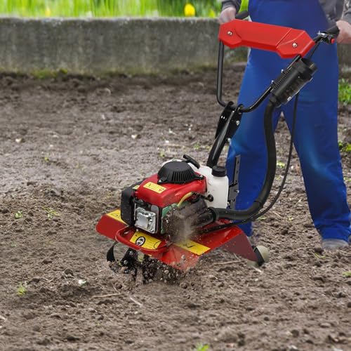 awolsrgiop Full-Size Front Tine Tiller, 63cc Air-Cooled 4-Stroke Engine, Tilling Width Up to 13.78 Inch Adjustable Tilling Depth Up to 5.9