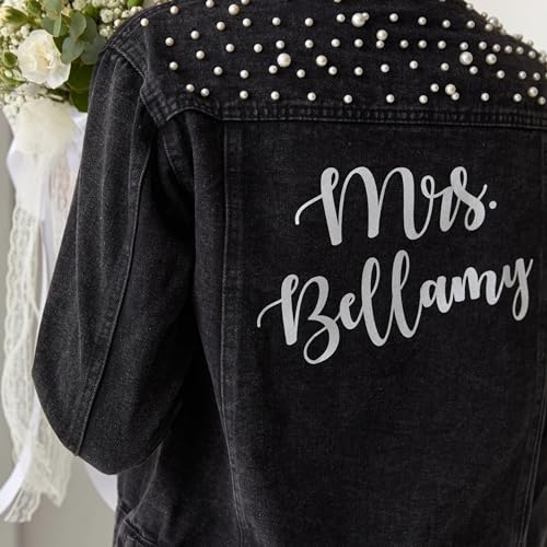 Custom Embroidered Bridal Denim Jacket, Women's Pearl Denim Jacket with Name,Made of Embroidery,Suitable for Bachelorette Party, Wedding,Honeymoon, Bridal Shower, Wedding Gift, Bridal Gift4