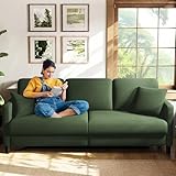Welzona 3 Seater Sofas, 211CM Sofa 3 Seater, Teddy Fleece Loveseat Couch with 53cm Deep Seat, Tool-Free Setup Couches for Living Room, Modern Couch 385kg Capacity, 2 Pillow Included, Green Sofa