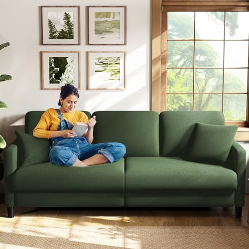 Welzona 3 Seater Sofas, 211CM Sofa 3 Seater, Teddy Fleece Loveseat Couch with 53cm Deep Seat, Tool-Free Setup Couches for Living Room, Modern Couch 385kg Capacity, 2 Pillow Included, Green Sofa
