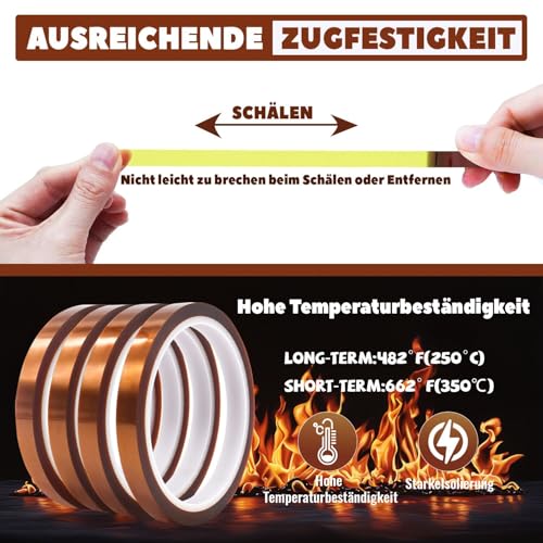 YISUMEI 4 Rollen Wärmeband für Sublimation 12 mm x 33 m Hitzebeständiges Klebeband Braun Hochtemperaturband ohne Rückstände, ideal für die Verwendung bei Elektronik Leiterplatten Thermotransfer