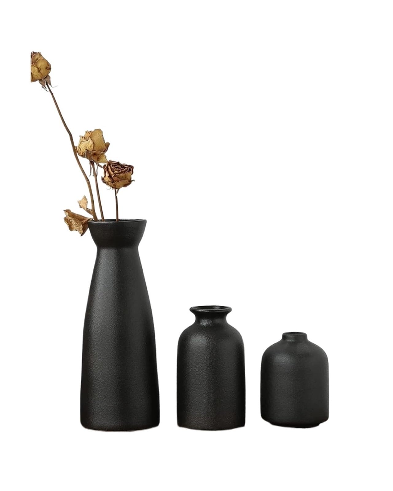 Petits vases à Fleurs Petit Vase en céramique Noire, Ensemble de Trois pièces de Simulation de Fleurs séchées, Vase décoratif de Bureau, Mini Petits Ornements(Simple Black 3piece Set)
