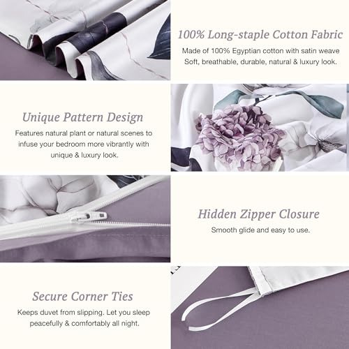 MILDLY 100% Long-Staple Cotton Duvet Cover Set Purple Hydrangea Lotus Flower Pattern Printed Comforter Cover 3pcs, Ultra Soft & Breathable Bedding Set
