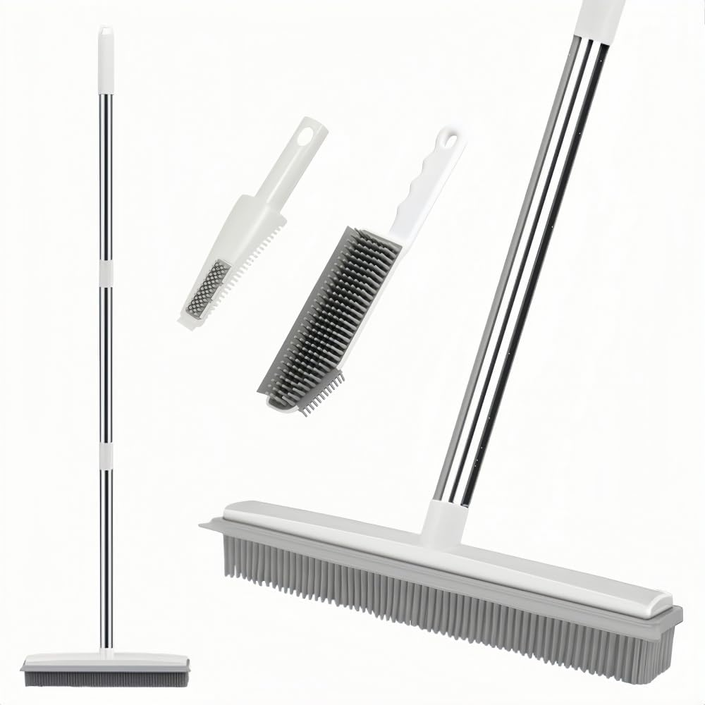 Rubber Broom, 2 in 1 Rubber Broom with Squeegee, Adjustable Long Handle Rubbers Brooms, Floor Scrubing Brush, for Pet Cat Dog Hair Removal Carpet Kitchen Garden Yard Window Cleaning,White-image-37