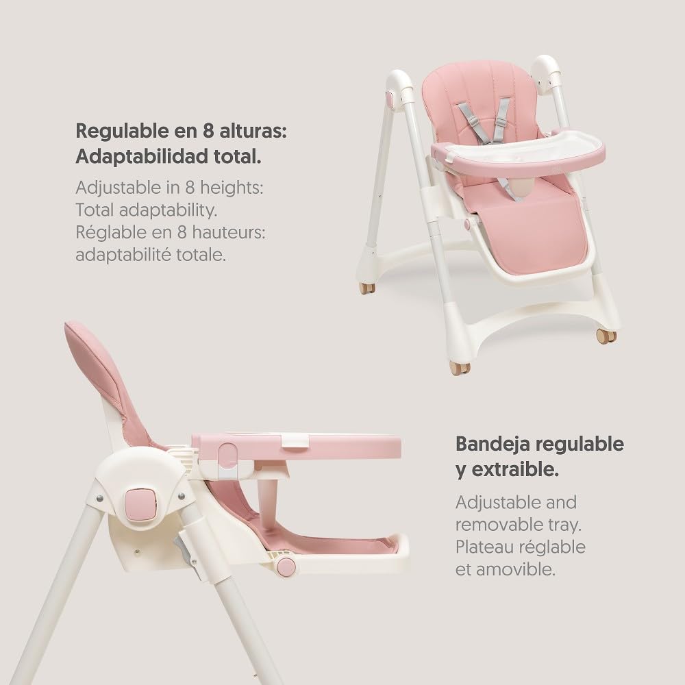 Interbaby Trona Bebé Evolutiva Plegable 6-36 Meses Aluminio (Practic Rosa) | Hasta 20 kg. Silla de comer portátil, respaldo 4 posiciones, 8 alturas, bandeja regulable, arnés 5 puntos, plegado compacto