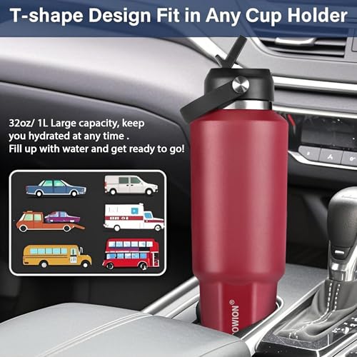 Image of HYDROWION 32 oz Insulated Water Bottle, Car Water Bottle Holder - Double Wall Vacuum Insulated Travel Bottle with Straw Lid, Spout Lid and Flex Cap - Cold for 24H, Hot for 12H, Blue - Red