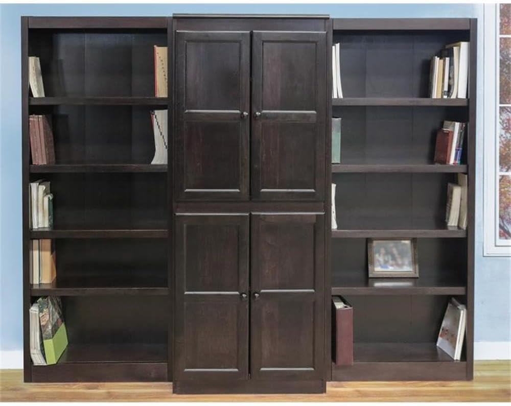 BOWERY HILL Traditional 15-Shelf Wood Bookcase Wall, 72" H x 91" W, Espresso Finish, Genuine Veneers, 3 Doors, Adjustable Shelves, Durable Storage for Home Office or Library