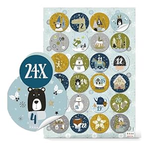 Premium Zahlensticker Adventskalender, Zahlen Kalender 1 bis 24, Sticker Tiere, Aufkleber Weihnachten, Zahlenaufkleber Kinder, Adventkalenderzahlen zum Kleben, Etiketten Bunt, Ø 4 cm