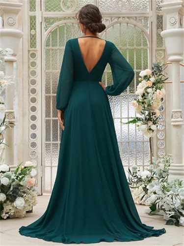Women's Long Sleeves Bridesmaid Dresses V-Neck Chiffon A Line Formal Dress Evening Gowns with Train4