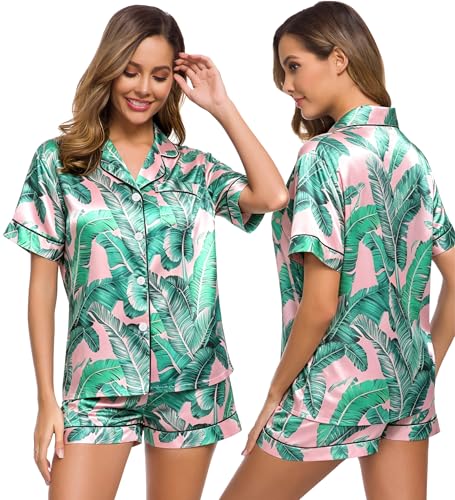 Image of SWOMOG Womens Silk Satin Pajamas Set Short Sleeve Sleepwear Button Down Top and Shorts Loungewear 2 Piece Pjs Set XS-3XL