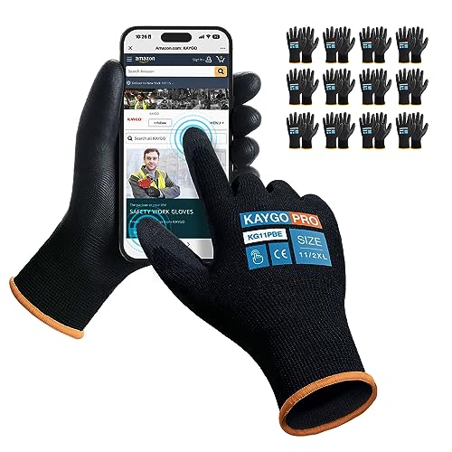 Image of Work Gloves PU Coated for Men and Women, 12 Pairs Safety Work Gloves with Two Fingers Touchscreen, Breathable and Lightweight,Ideal for Light Warehouse, Manufacturing, Gardening, KG11P (2XL, Black)