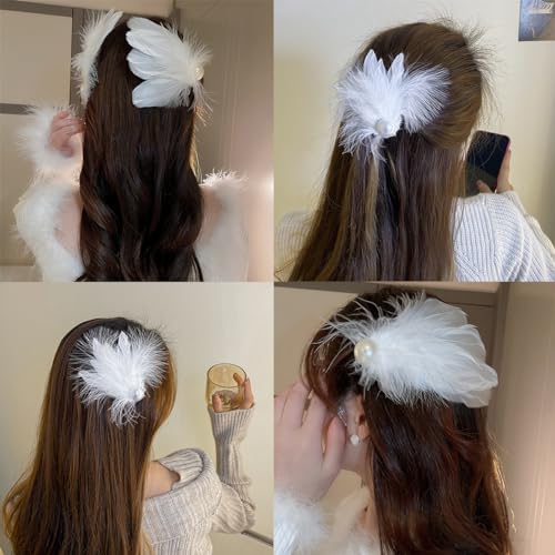 4 Piezas Broches para el Cabello con Plumas Blancas, Perlas Artificiales, Estilo Ballet para Mujeres y Niñas miniatura 2