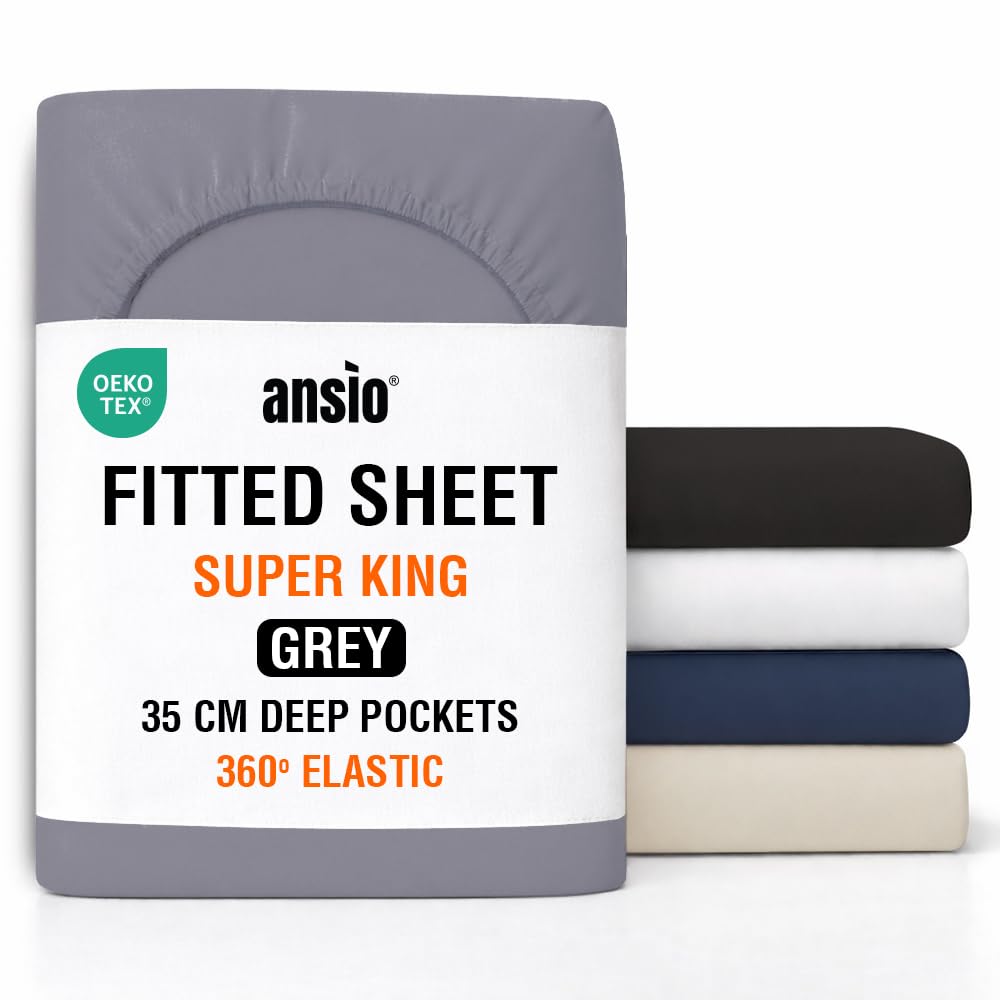 ANSIO® Super King Fitted Sheet Soft Brushed Microfibre Fabric – Deep Pocket 35cm – All-Around Elastic – OEKO-TEX Certified – Easy Care & Naturally Smooth After Wash - Grey