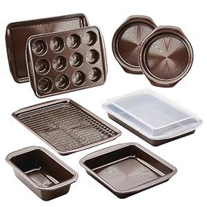 Circulon Nonstick Bakeware Set with Nonstick Bread Pan, Baking Pans, Baking Sheets, Cookie Sheets, Cake Pan and Muffin Pan / Cupcake Pan – 10 Piece, Chocolate Brown