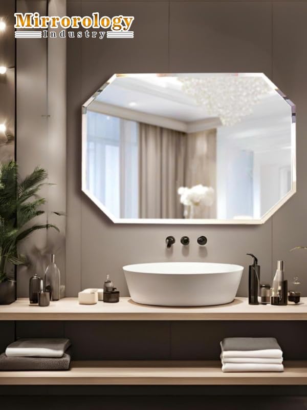 Image of 12x18 Inch Octagonal Frameless Bathroom Mirror - 5mm HD Beveled Glass for Vanity, Hallway & Bedroom - Moisture‑Resistant Decorative Wall Accent