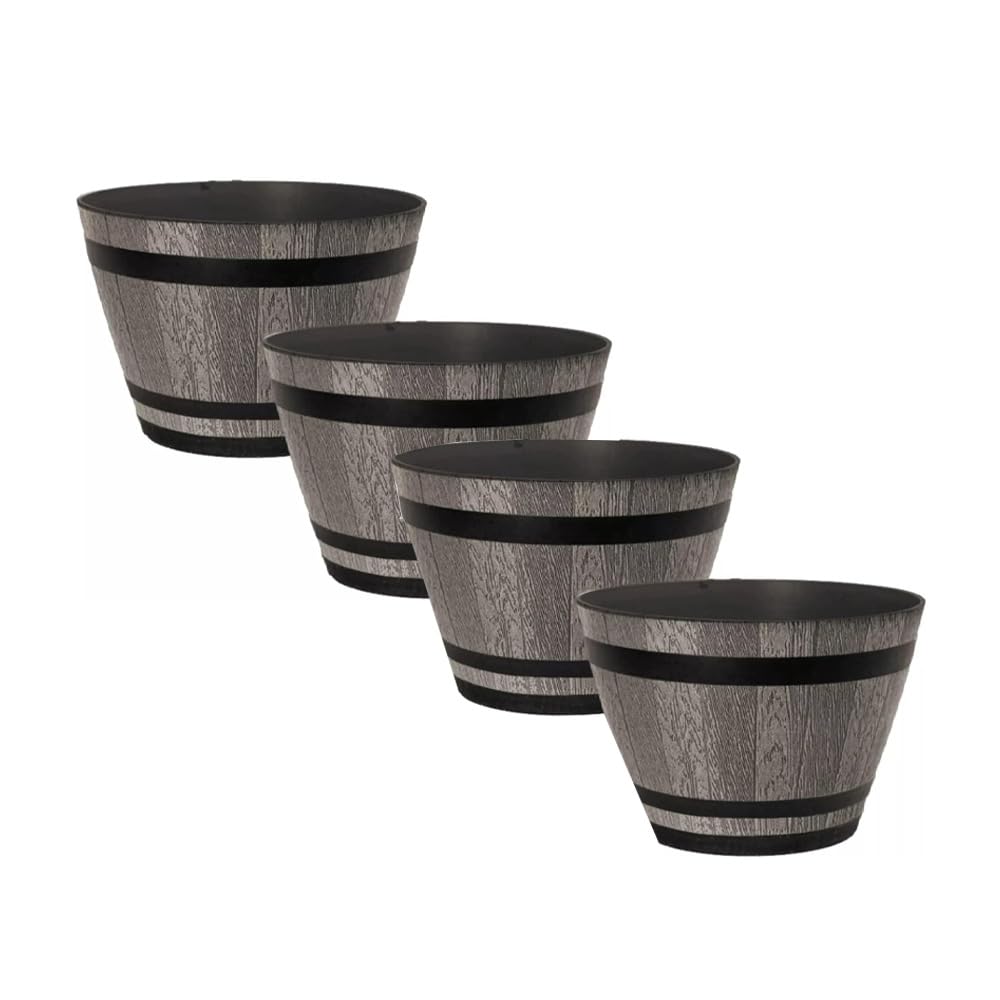 Plastic Whiskey Barrel Planter, Brown Ash 9L Capacity-Outdoor Garden Decor Plant Pot with Drainage Holes - Weatherproof, UV-Resistant Garden Pots-Indoor & Outdoor Flower/Plant Pot (30cm 12inch 4Pack)