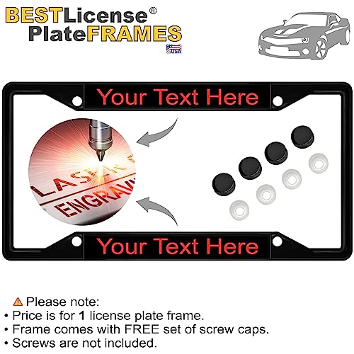 Image of Personalized with Custom Text Design - 4 Hole Black Metal Laser Engraved US Standard Size - Car License Plate Frame with Free caps - Black /Red Text (Qty: 1 Frame)