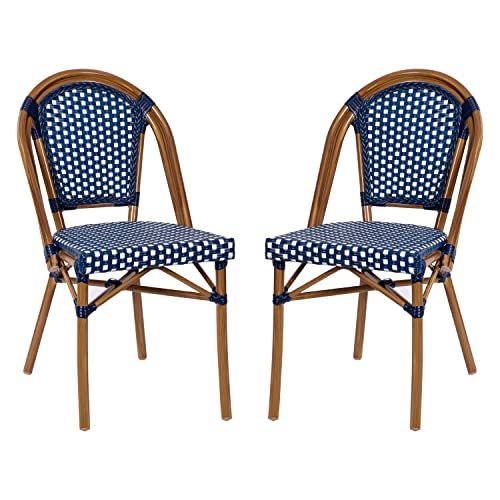 Image of Flash Furniture Bordeaux Set of 2 Indoor /Outdoor Commercial Bistro Stack Chairs - Navy /White PE Rattan Back and Seat - Natural Bamboo Print Aluminum Frame