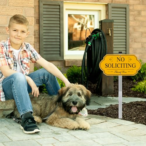 Image of Heavy Duty No Soliciting Sign for House - All Metal Construction No Soliciting Yard Sign - 14 inch x 7 inch - Aluminum - with 28 inch Long Stake (Yellow)