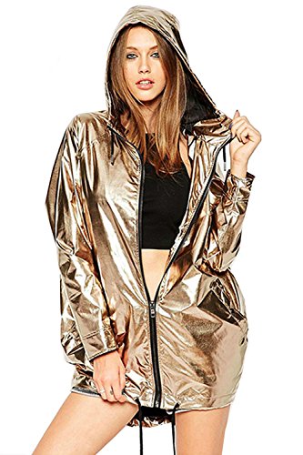 Hoodies Outerwear Long Sleeve Sweatshirt Gold Metallic Zipper Up Punk Raincoat Showerproof Outerwear Jacketâ€¦