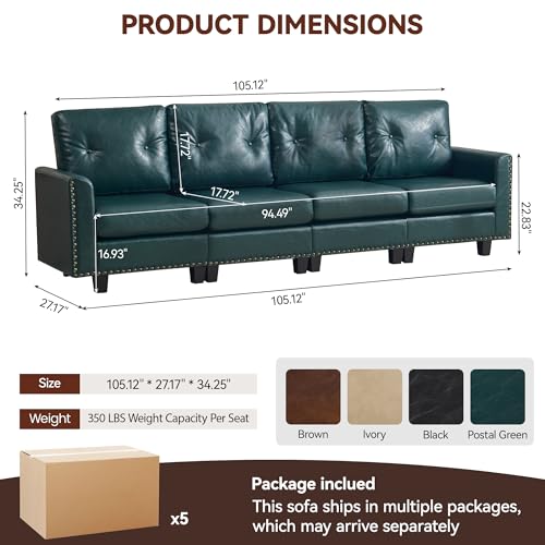Image of 105 inch Faux Leather Modular Sectional 4 Seater Couch, Vintage PU Leather Sofa with Nailhead Trim, Mid Century Modern Tufted Couches for Living Room, Bedroom, Office, Reception, Forest Green