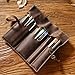 MIVLXLX Genuine Leather Pencil Roll - Pen and Pencil Case，3 Open-End Pockets for Long Pens, Sturdy Strap, Fold-over Flap (coffee)
