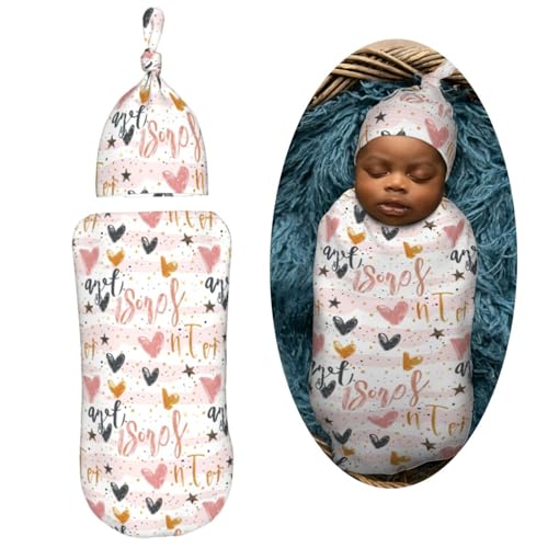 Image of Hand Drawn Gold Heart Newborn Swaddle Blankets Hat Sets Soft Baby Receiving Blanket Swaddle Sack for Baby Shower Infant Boy Girl Gift