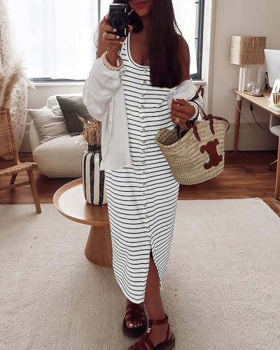 Image of NOLLSOM Women Casual Sleeveless Striped Tank Midi Dresses Spring U Neck Bodycon Dresses T Shirt Summer Dress
