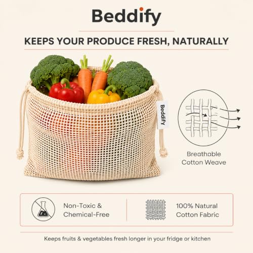 Image of Beddify 100% Cotton Set of 6 Reusable Fridge Storage Bags for Vegetables Fruits Garland and Toys Cotton Net Bags Eco-Friendly Dual Support Pull String Pouch
