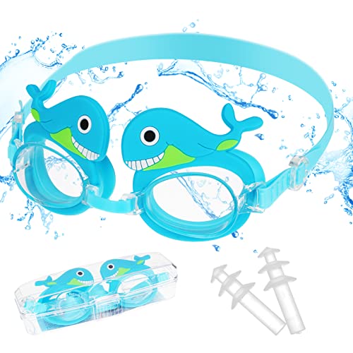 Kids Swim Goggles with Earplugs & Potable Case, Cute Dolphin Swimming Goggles Swim Glasses for Toddler Kids Girls Boys Youth(4-14), Anti-Fog Anti-UV Leak-proof Clear Vision Water Pool Goggles