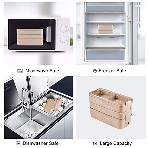 Iteryn Stackable Bento Box Lunch Box, Wheat Straw, 3-In-1 Compartment Japanese Lunch Containers Leakproof, Eco-Friendly Bento Lunch Box Meal Prep - 2 Pack #TOP5