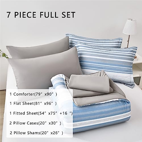 KAKIJUMN 7 Piece Bed in a Bag Stripe Comforter Set Full Size, White Grey Blue Striped Comforter and Sheet Set, All Season Soft Microfiber Complete Bedding Set(Light Blue,Full) - Image 3